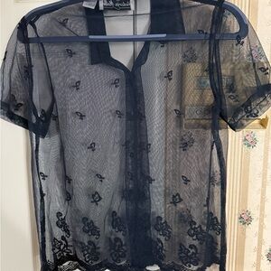 Sheer Embroidered Button-Down Shirt - Navy